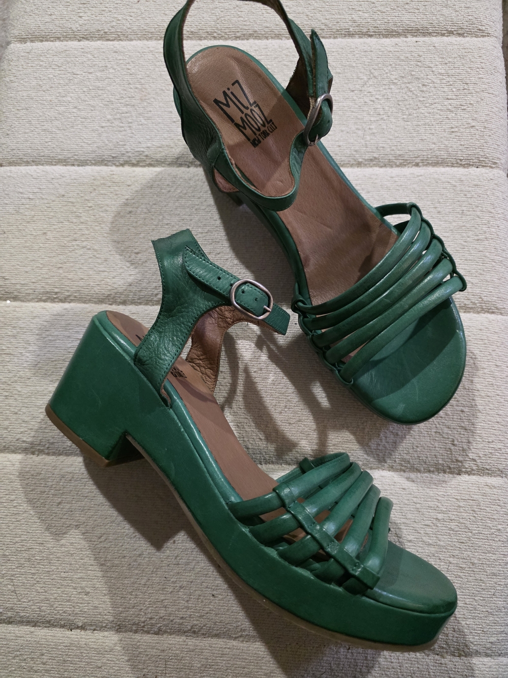 Miz Mooz Graciela Emerald Green Leather Strappy Block Heel Sandals